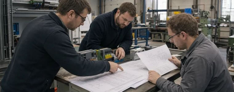 Engineering team reviewing an Omron PLC project BOM