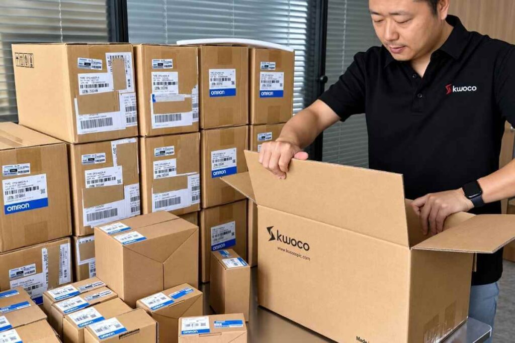 KWOCO packing Omron PLC products for international shipment